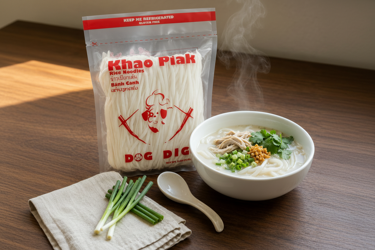Bowl of noodle soup with ingredients and a package of Dog Digg noodles on a wooden table. make it a horizontal image
