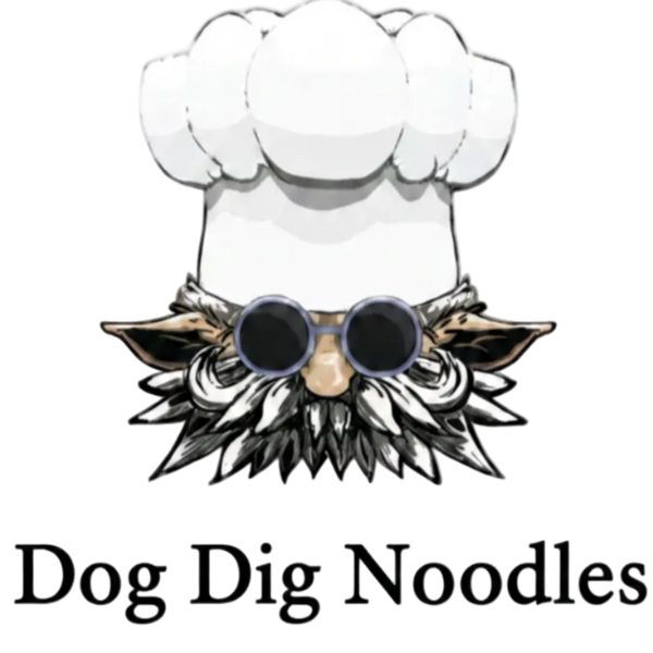 A stylized logo or graphic on a white background showing a white chef's hat above a decorative black, gray, and beige illustrated face with the text 'Dog Dig Noodles' underneath.